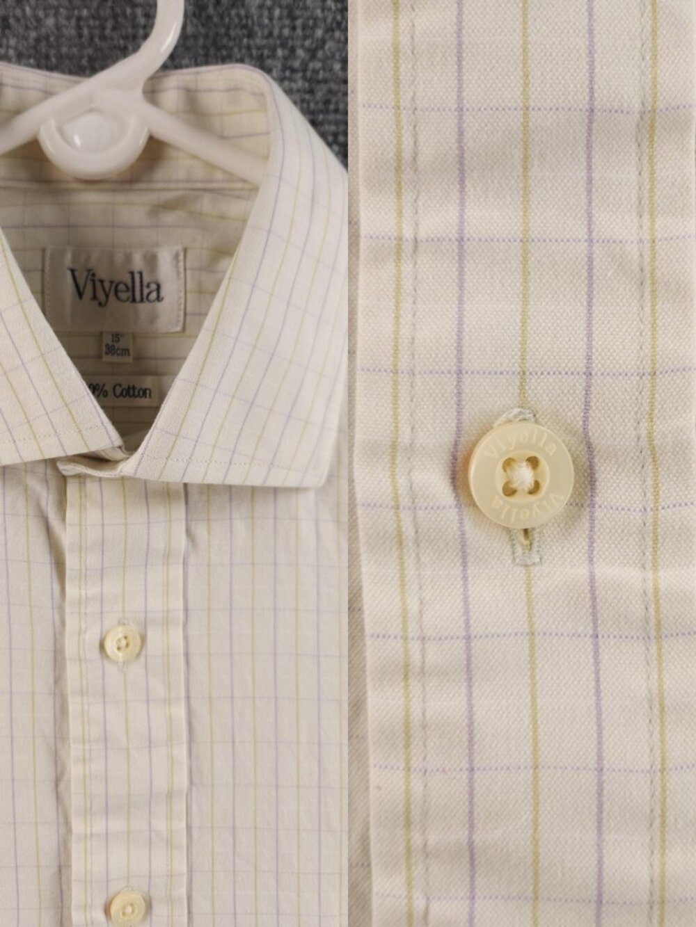 Viyella All Cotton Long Sleeve Button Up Shirt Yellow Purple Ivory 15 Neck Men